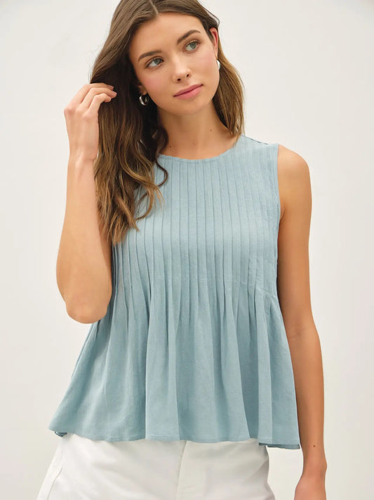 Dusty Blue Pleated Linen Top