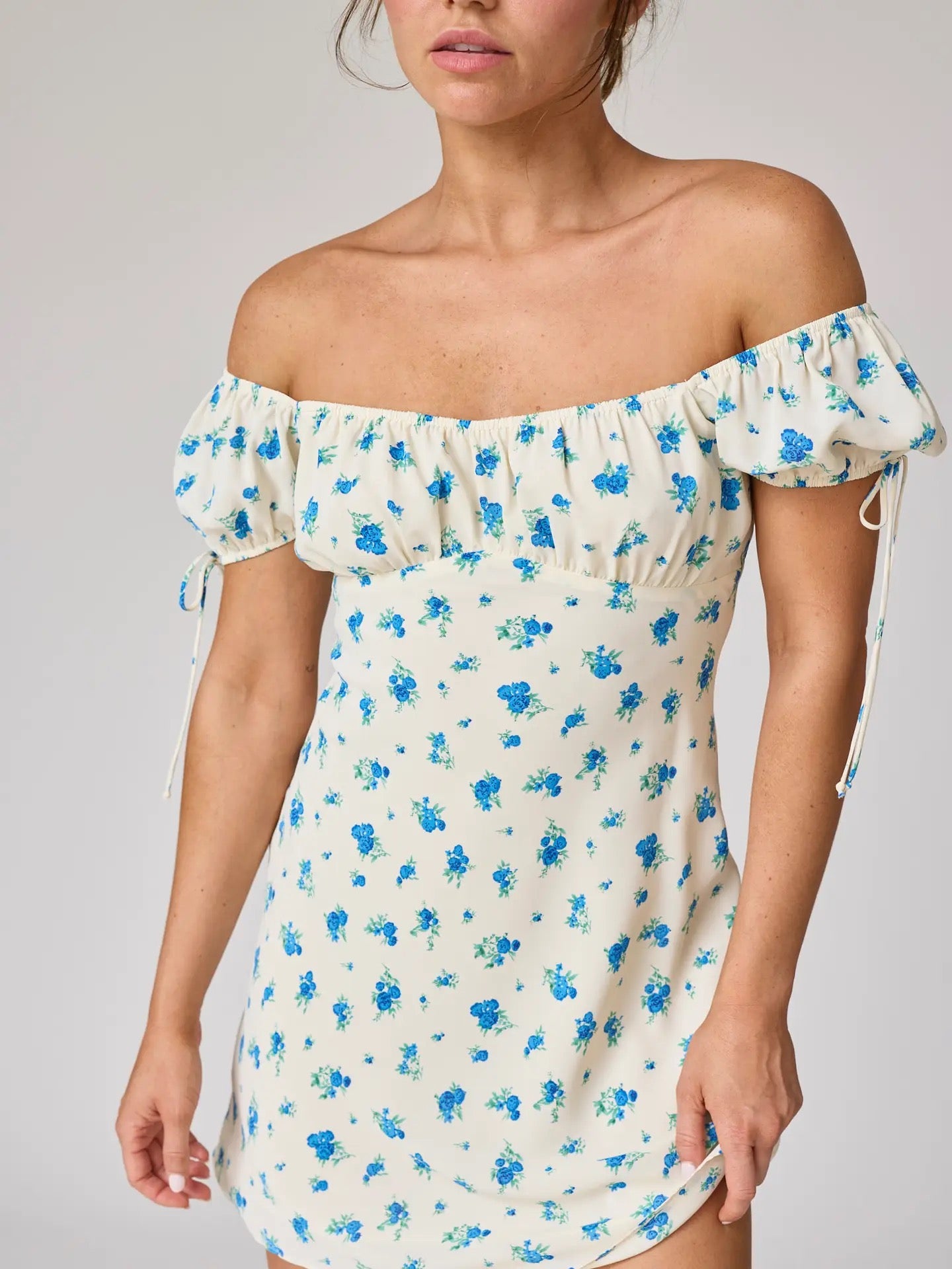 Cream & Royal Blue Floral Square Neck Ruffle Sleeve Mini Dress