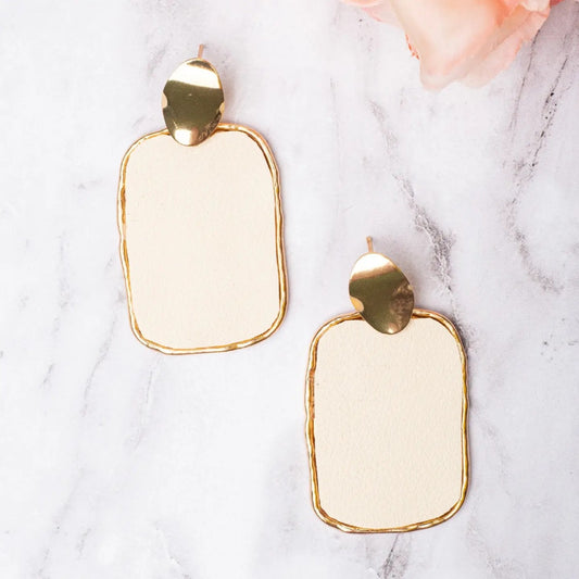 Ivory Faux Leather Square Earrings