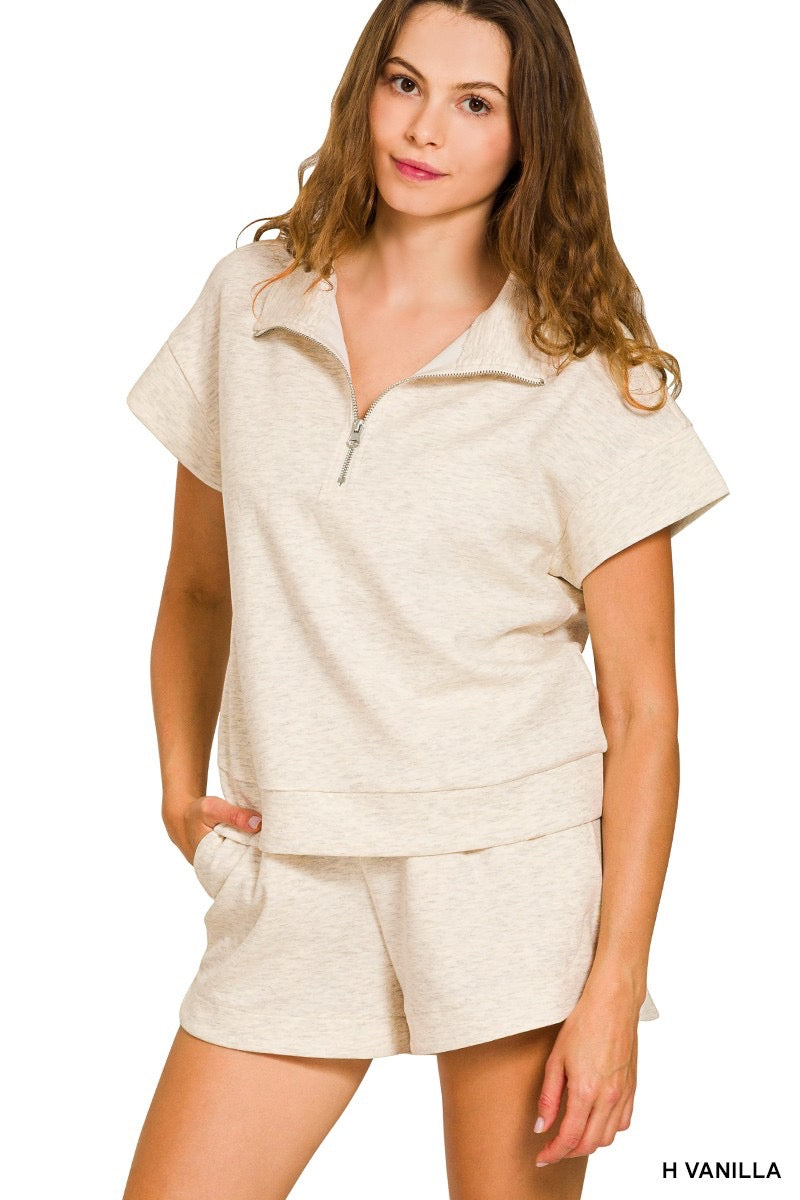 Cream Scuba Half Zip Top & Shorts Set