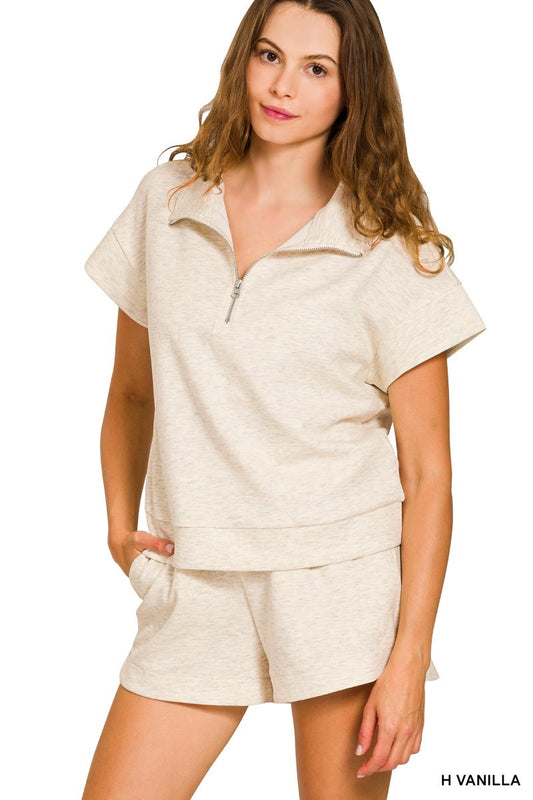 Cream Scuba Half Zip Top & Shorts Set