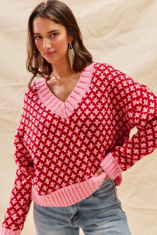 Red & Pink Color Block V-Neck Sweater