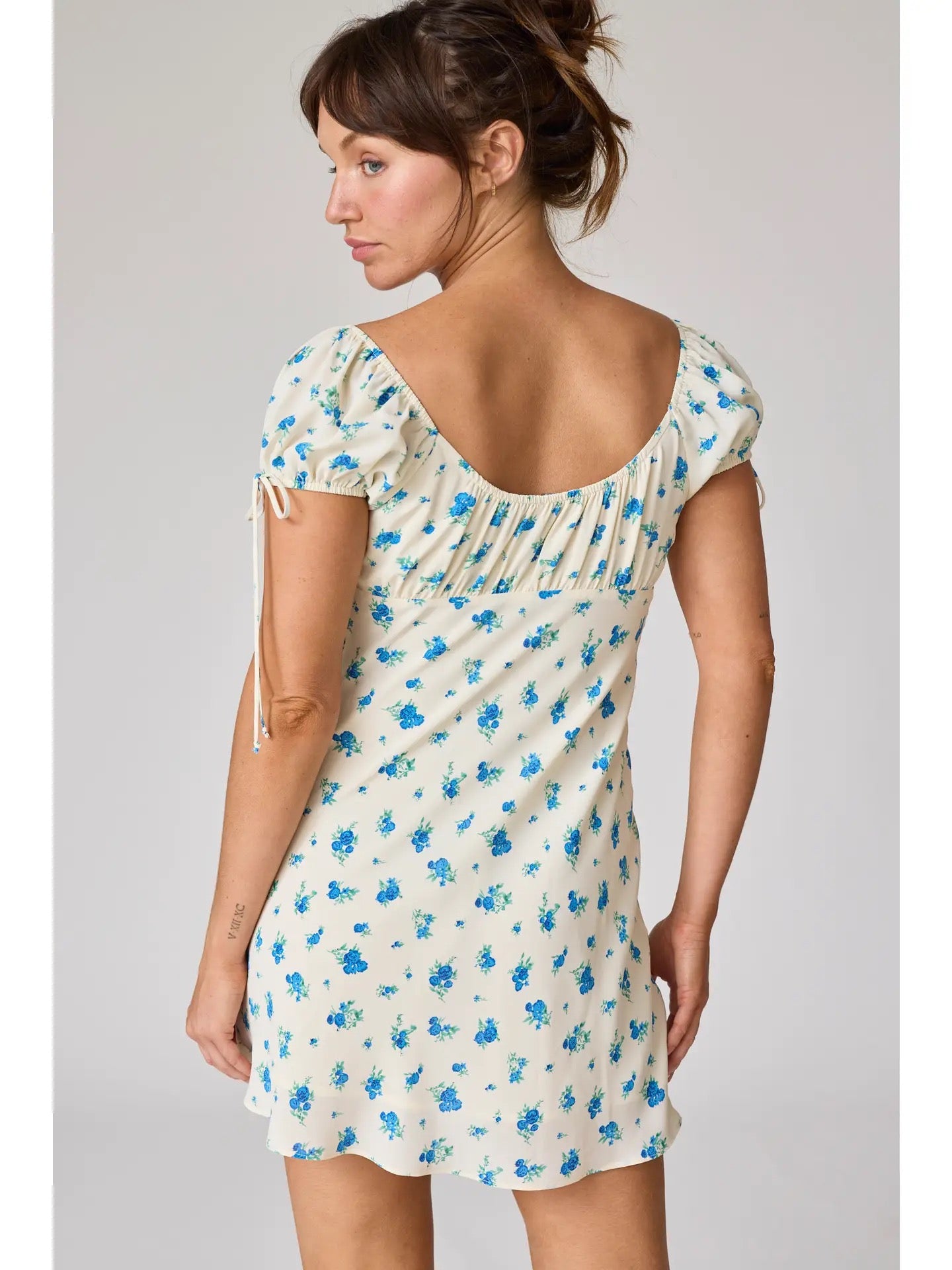 Cream & Royal Blue Floral Square Neck Ruffle Sleeve Mini Dress