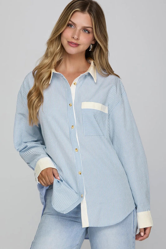 Blue Long Sleeve Stripe Button Down