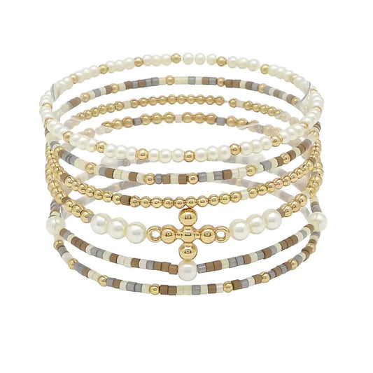 Cross Accent  Brown Multi Layer Bead Bracelet
