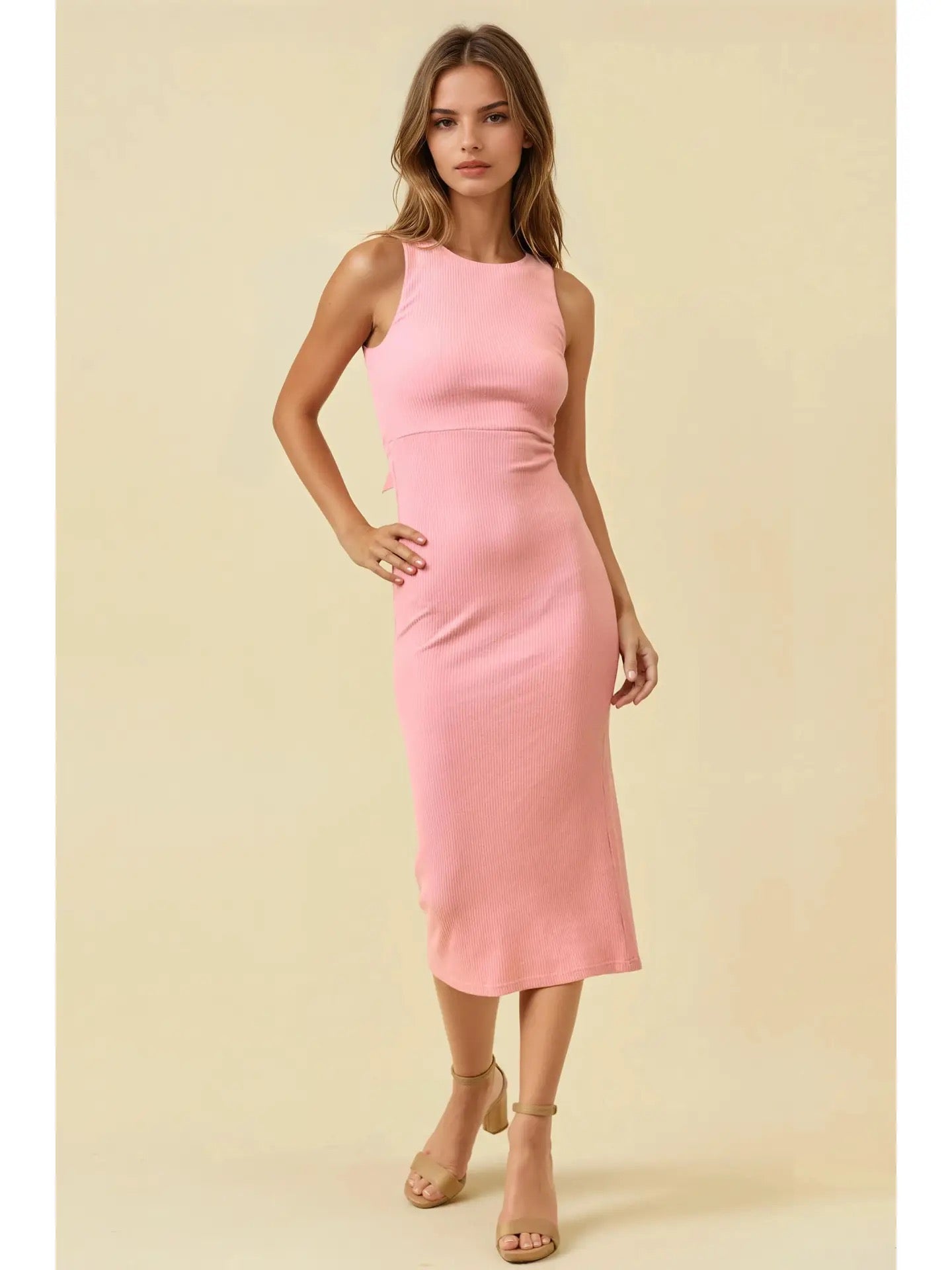Pink Tie Back Ribbed Midi Dress