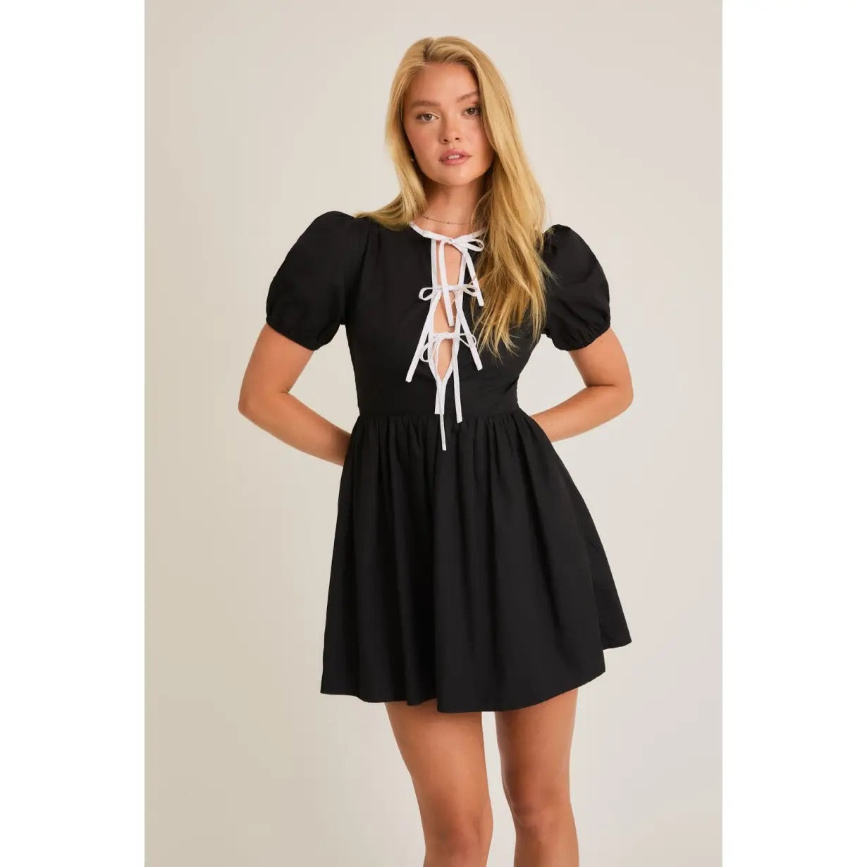 Puff Short Sleeve Bow Front Dress