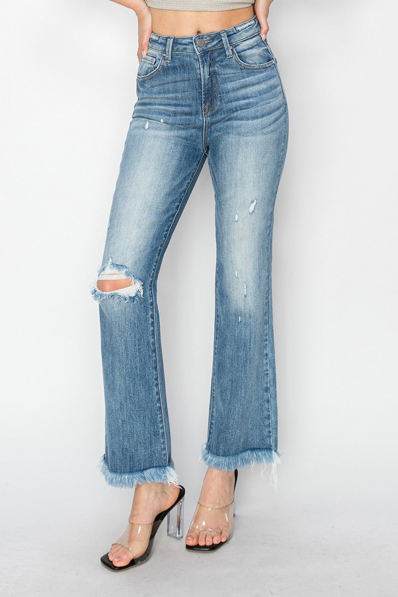 Risen High Rise Crop Bootcut Frayed Jeans