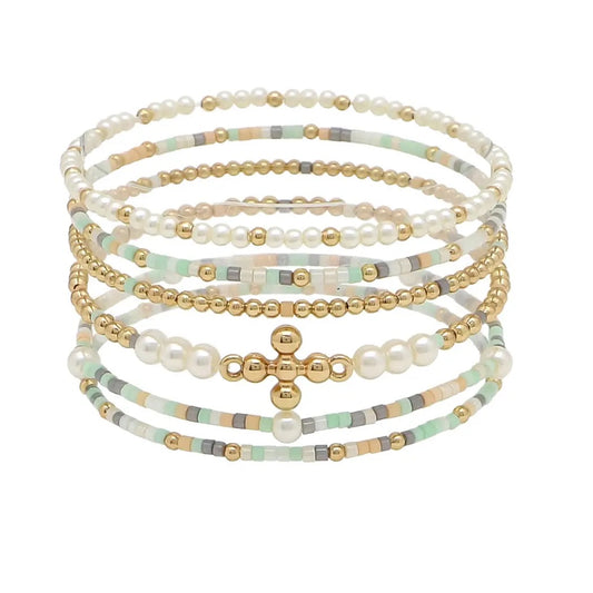 Cross Accent  Multi Color Layer Bead Bracelet
