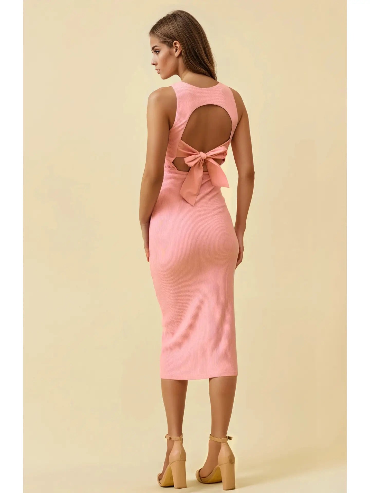 Pink Tie Back Ribbed Midi Dress