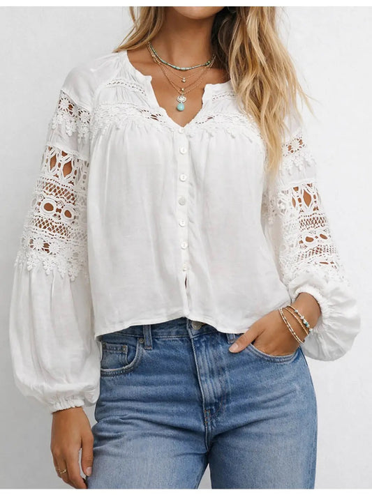 White Embroidery Cut Out Long Sleeve Top