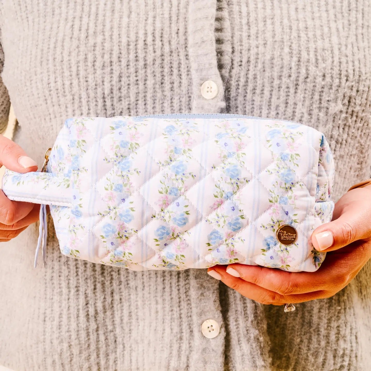 Petal Parade Blue Quilted Cosmetic Pouch