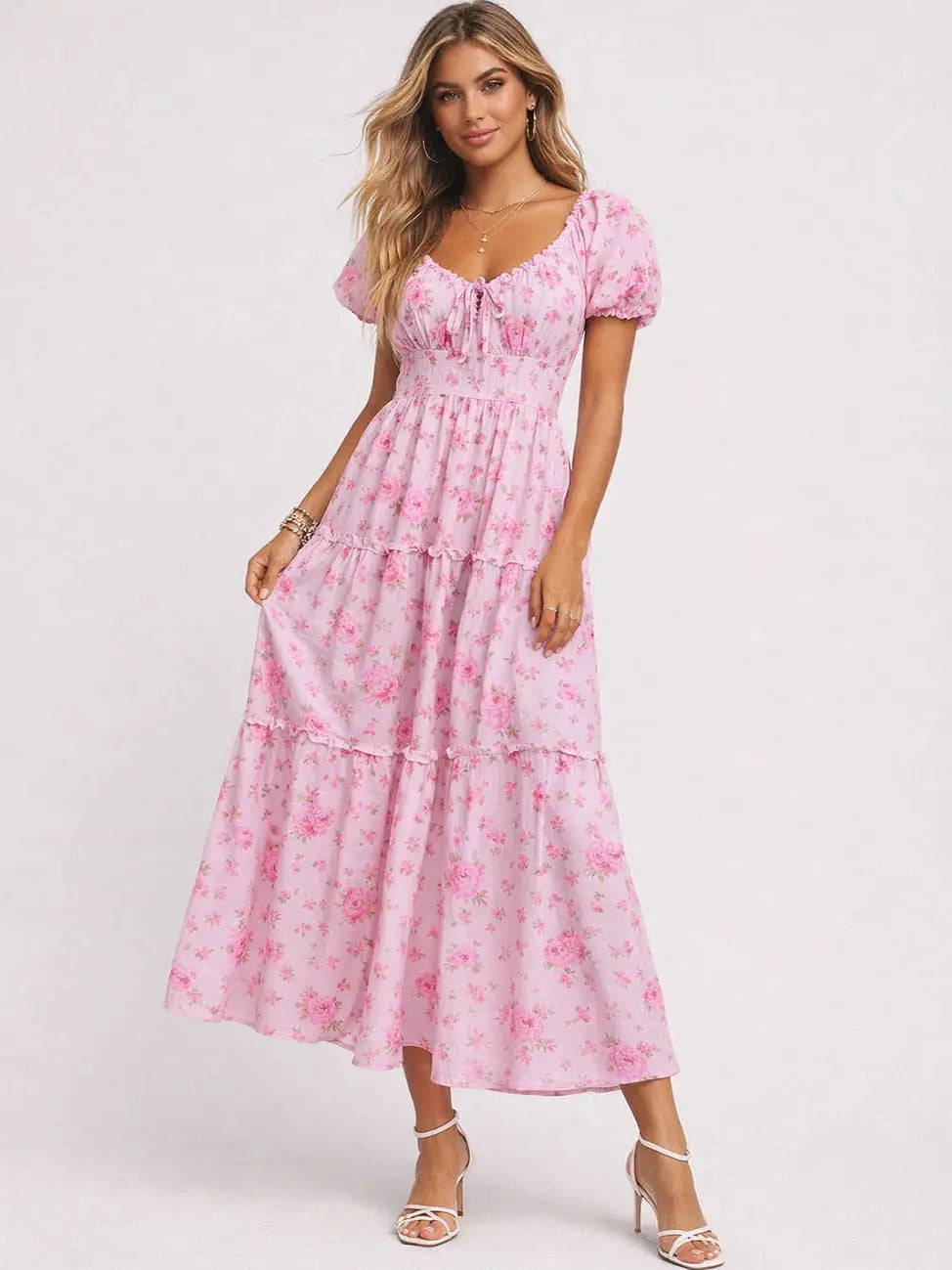 Pink Boho Floral Tiered Midi Dress