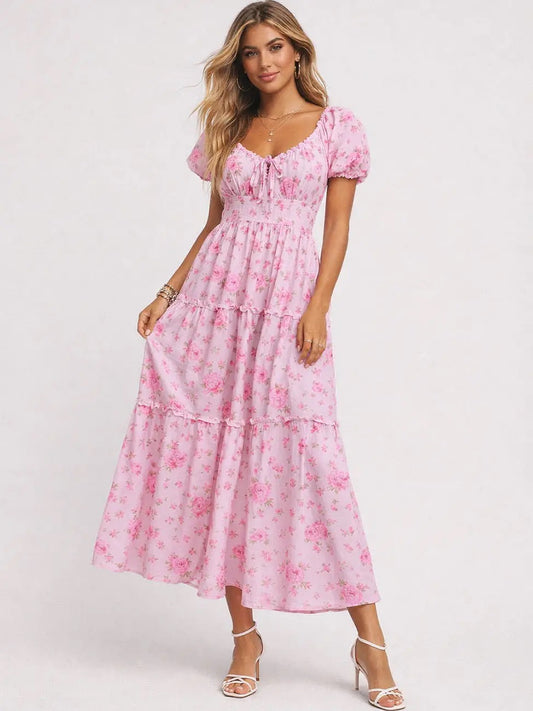 Pink Boho Floral Tiered Midi Dress