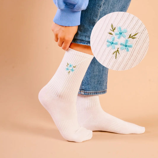 Floral Blue Embroidered Crew Socks