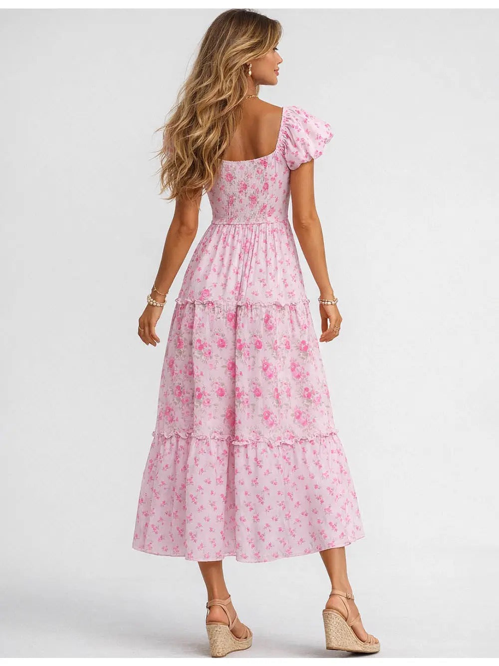 Pink Boho Floral Tiered Midi Dress