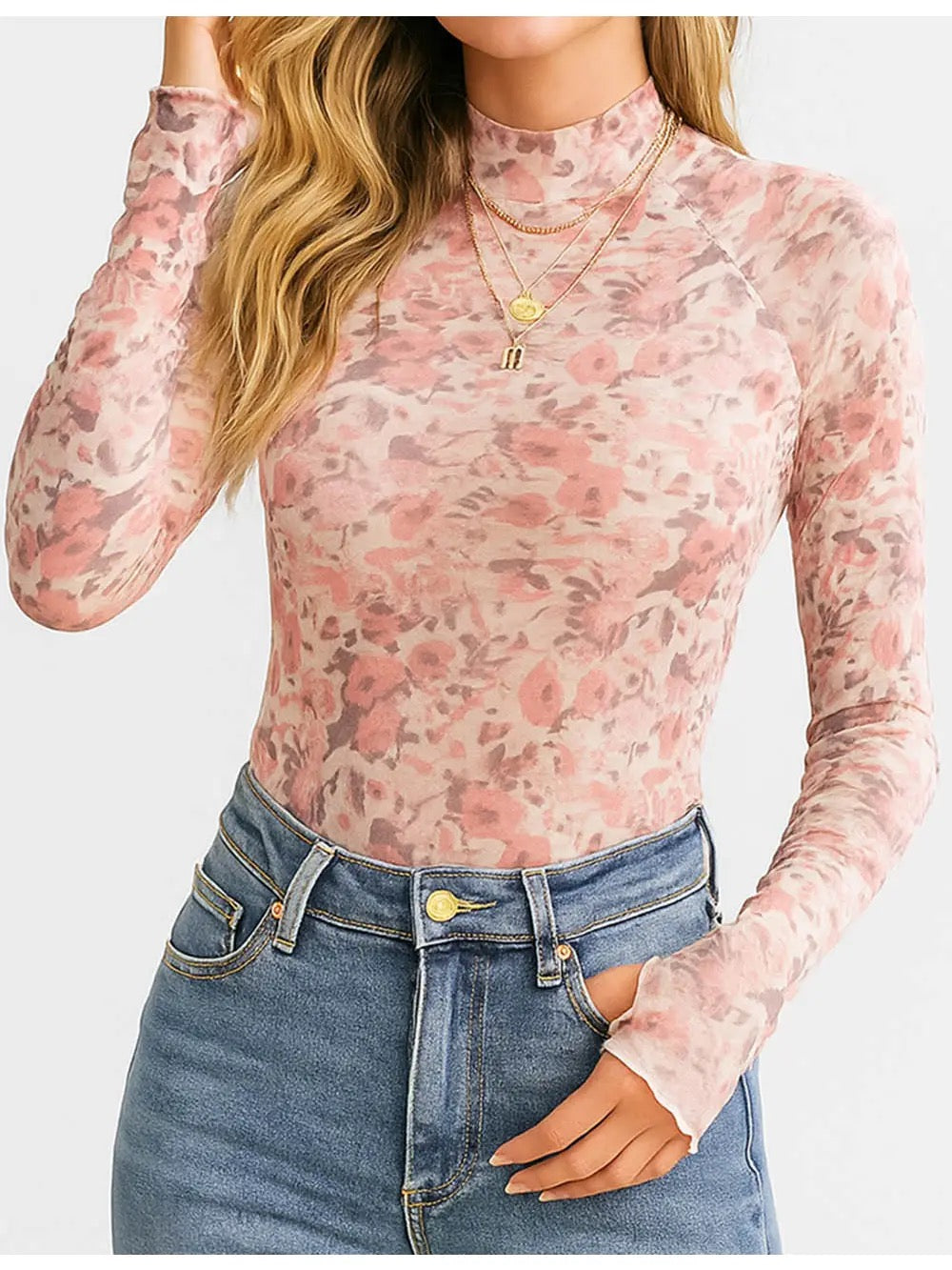 Pink Floral Mock Neck Sheer Top