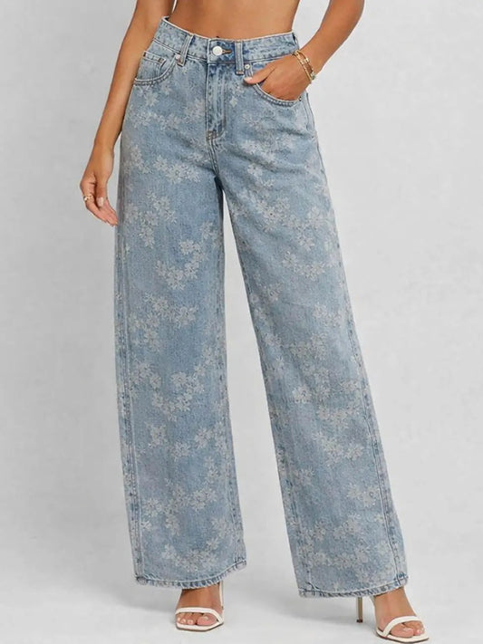 Floral Denim Jacquard Button Wide Leg Jeans