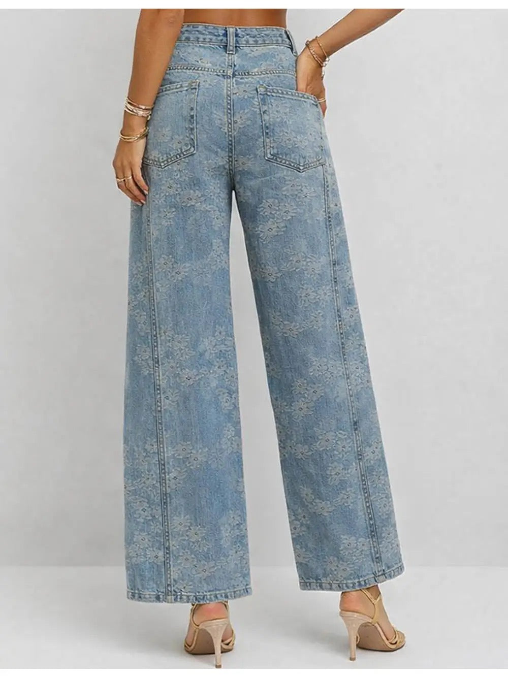 Floral Denim Jacquard Button Wide Leg Jeans