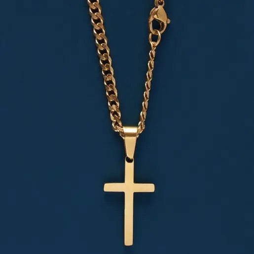 Gold Cross Necklace on Cuban Chain