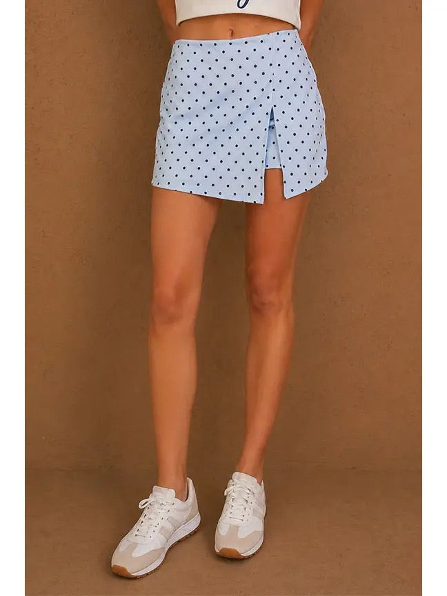 Baby Blue Mini Polka Dot Skort With Slit