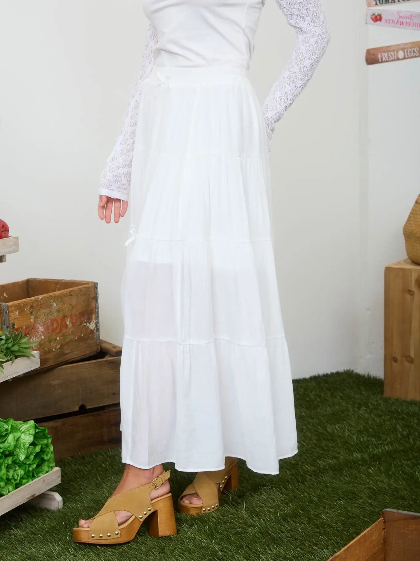 White Bow Detail High Waist Maxi Skirt