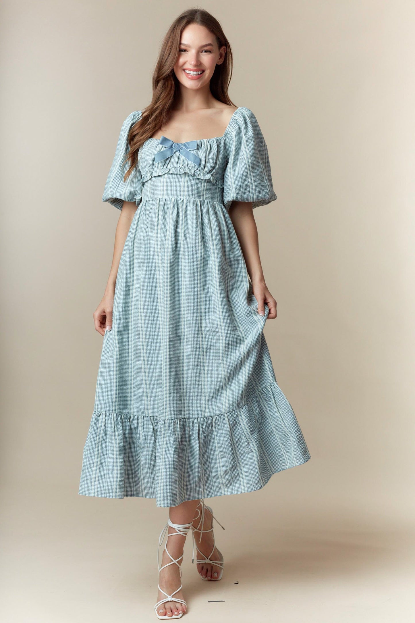 Dusty Blue Bubble Sleeve Midi Dress