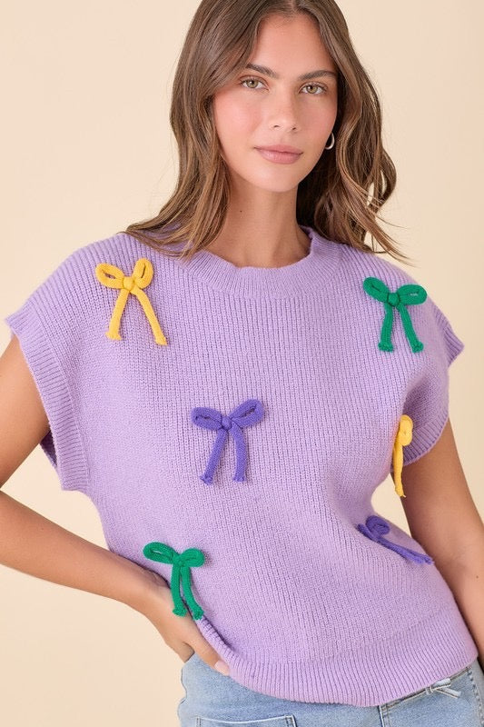 Mardi Gras Ribbon Bow Knit Top