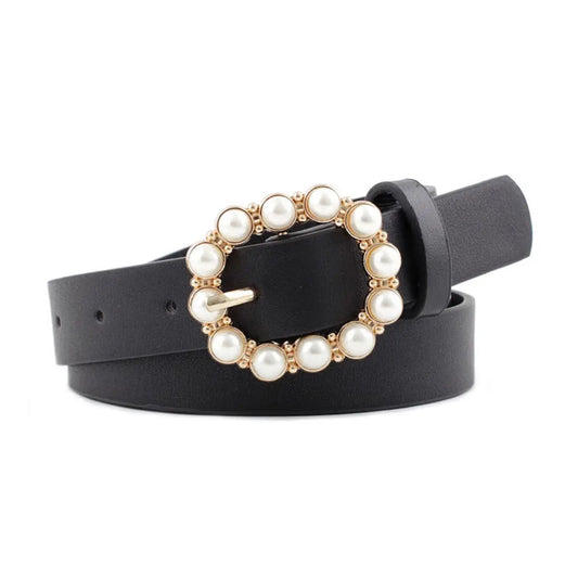 Large Pearl Buckle Slender Fashion Belt