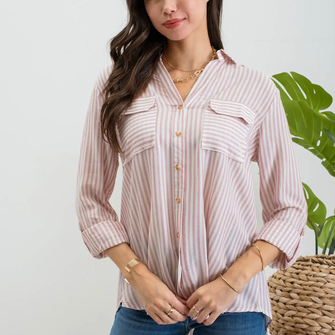 Striped Collared Lightweight Button Down Shirt