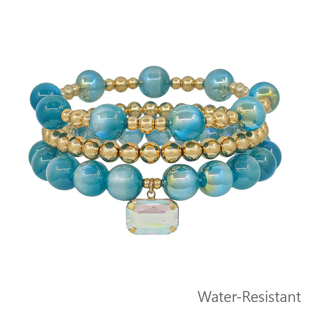 Set of 3 Gold Beaded with Crystal Charm