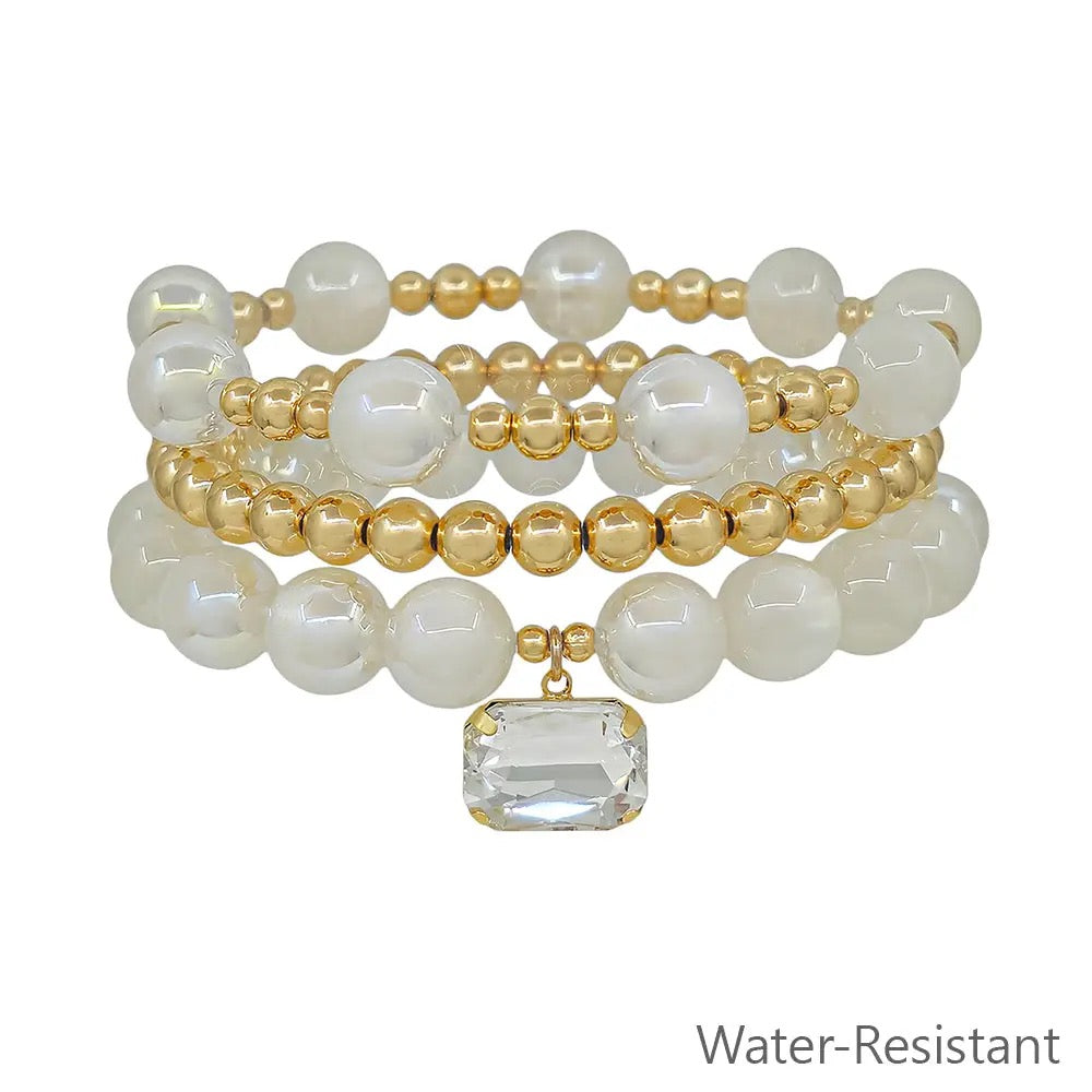 Set of 3 Gold Beaded with Crystal Charm