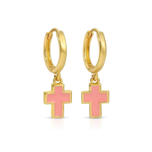 Enamel Cross Drop Huggie Earrings