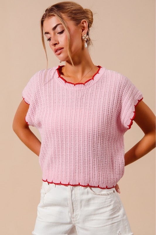 Short Sleeve Sweater with Scalloped Edge