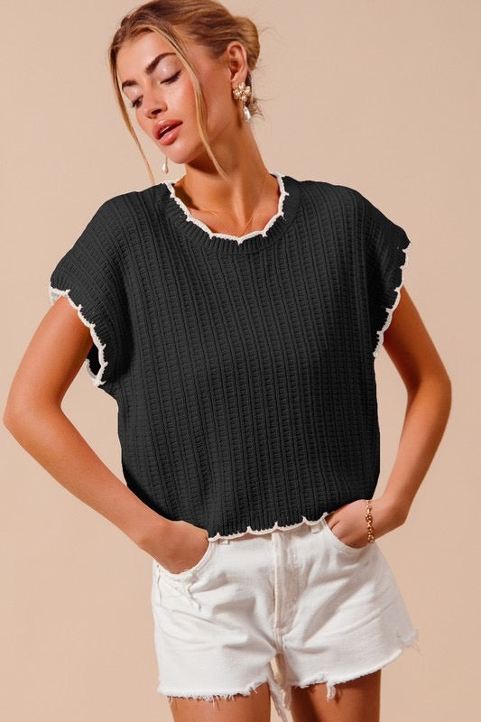 Short Sleeve Sweater with Scalloped Edge