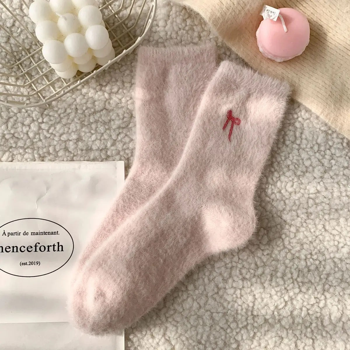 Plush Crew Pink Bow Socks