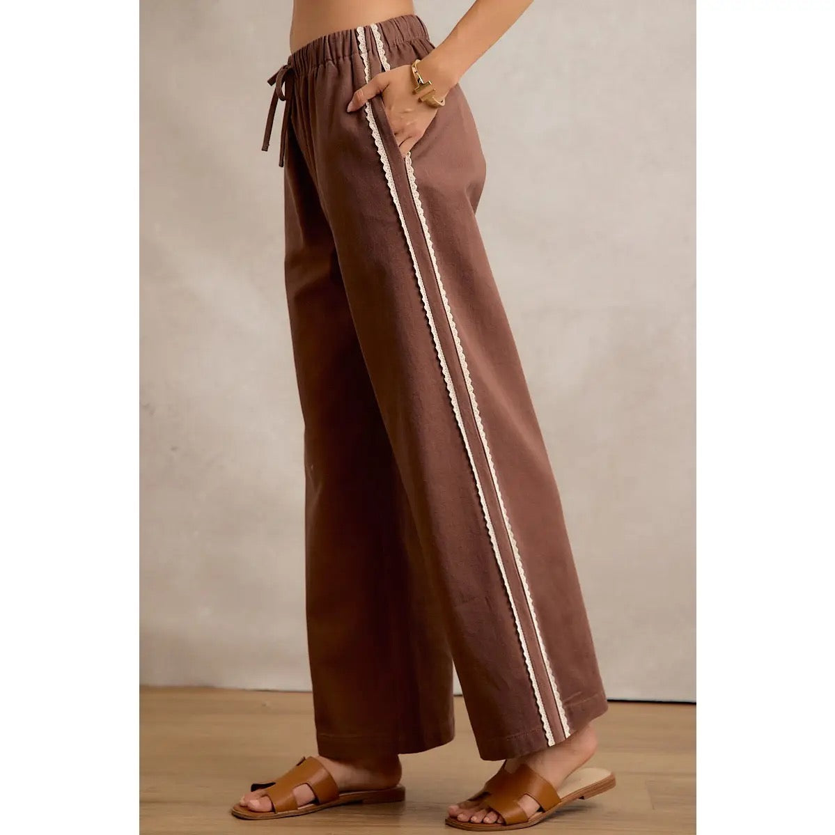 Brown Side Lace Trim Cotton Denim Wide Leg Pants