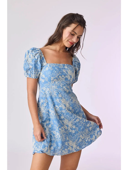 Denim Mini Puff Sleeve Printed Dress