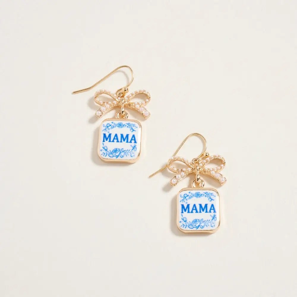 Mama Floral Enamel Ribbon Bow Pearl Earrings