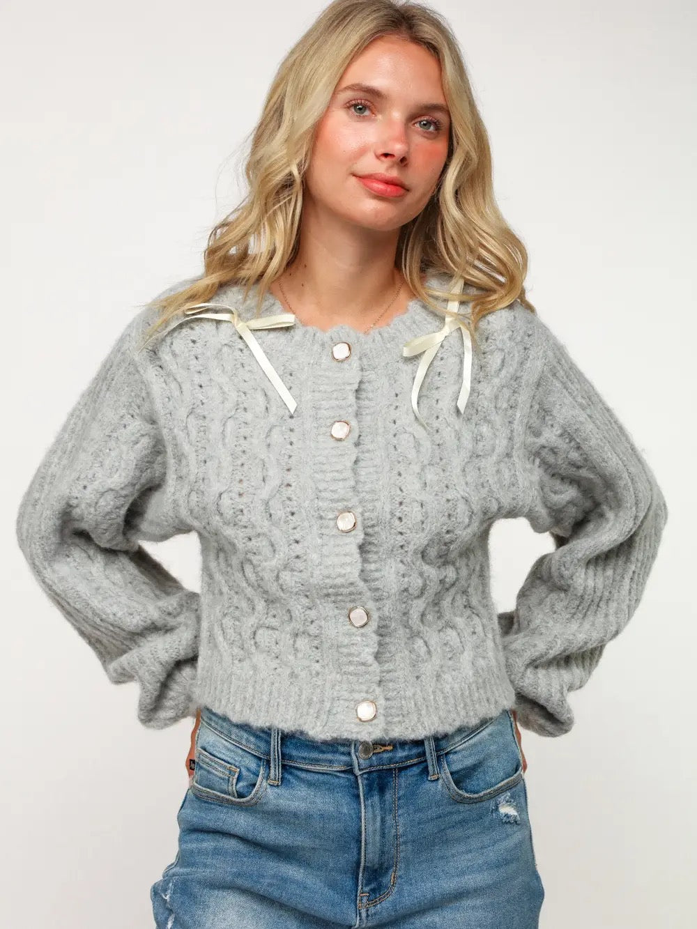 Grey Scallop Ribbon Bow Sweater Cardigan