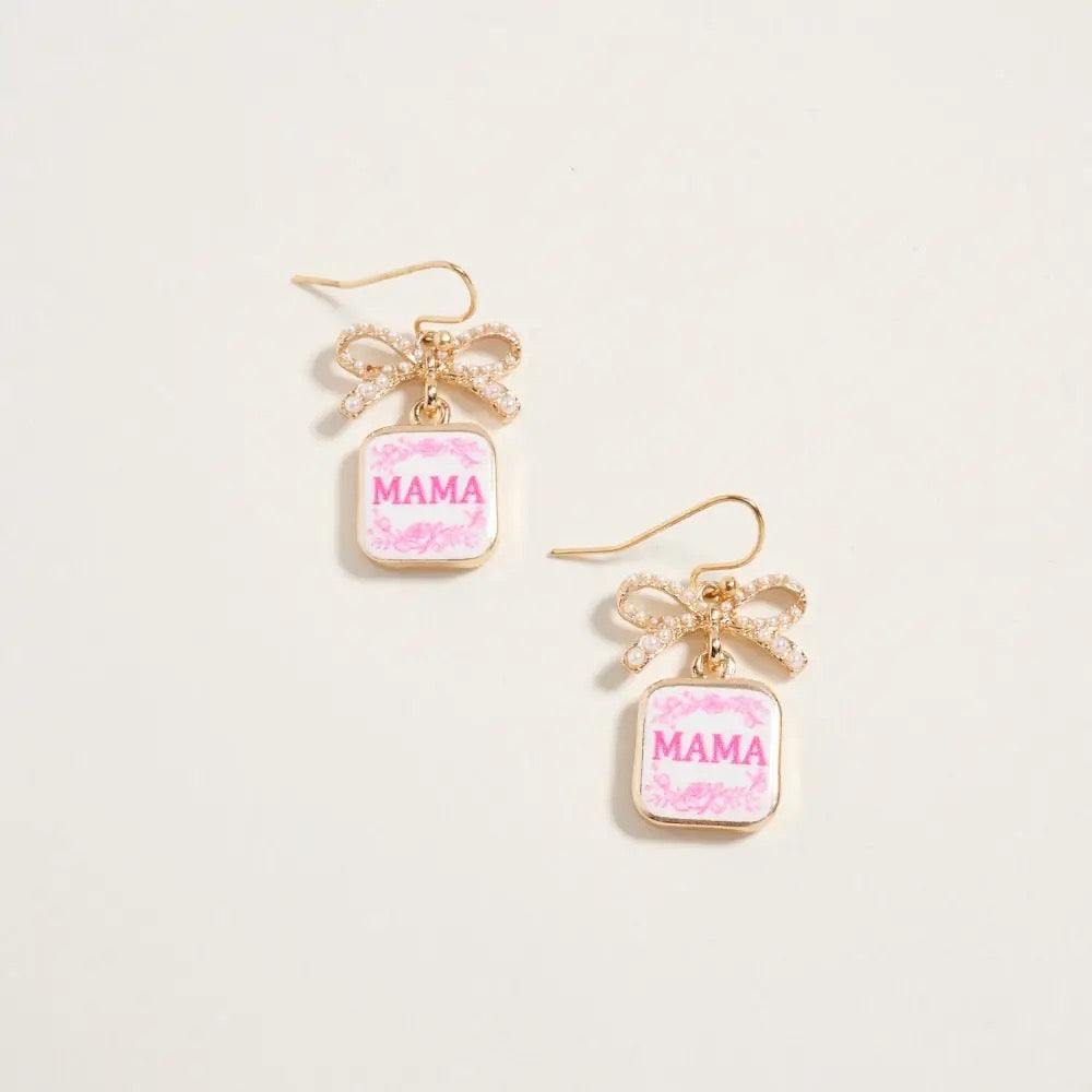 Mama Floral Enamel Ribbon Bow Pearl Earrings