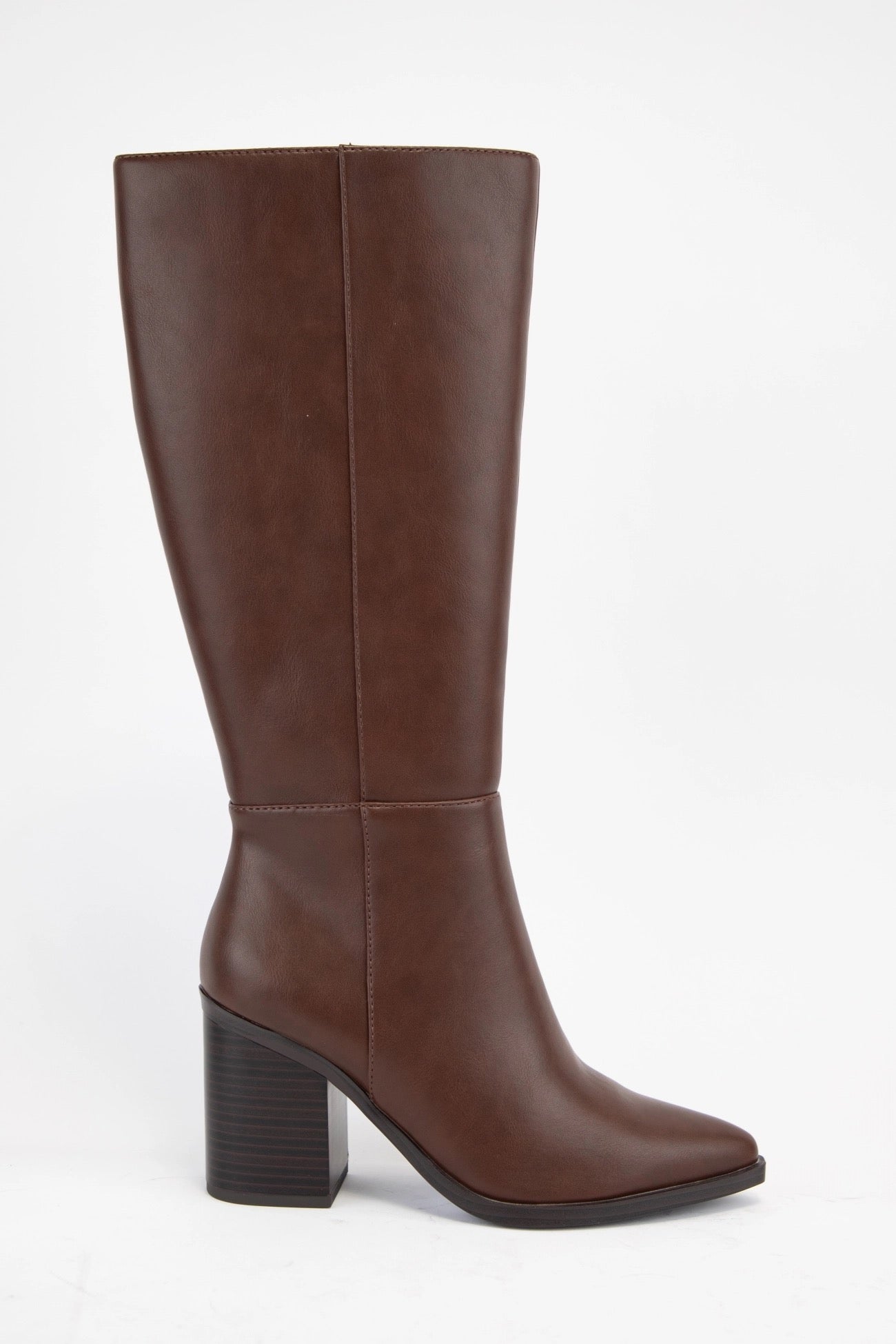 Brown Sleek Pointed Toe Block Heel Tall Boots