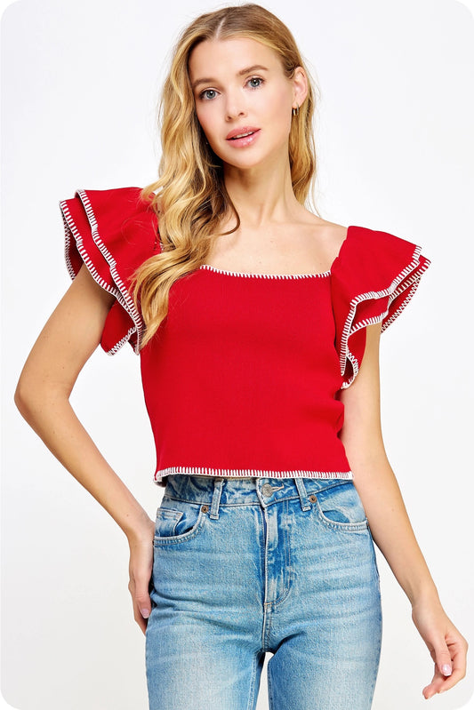 Embroidered Double Ruffled Short Sleeve Knit Top