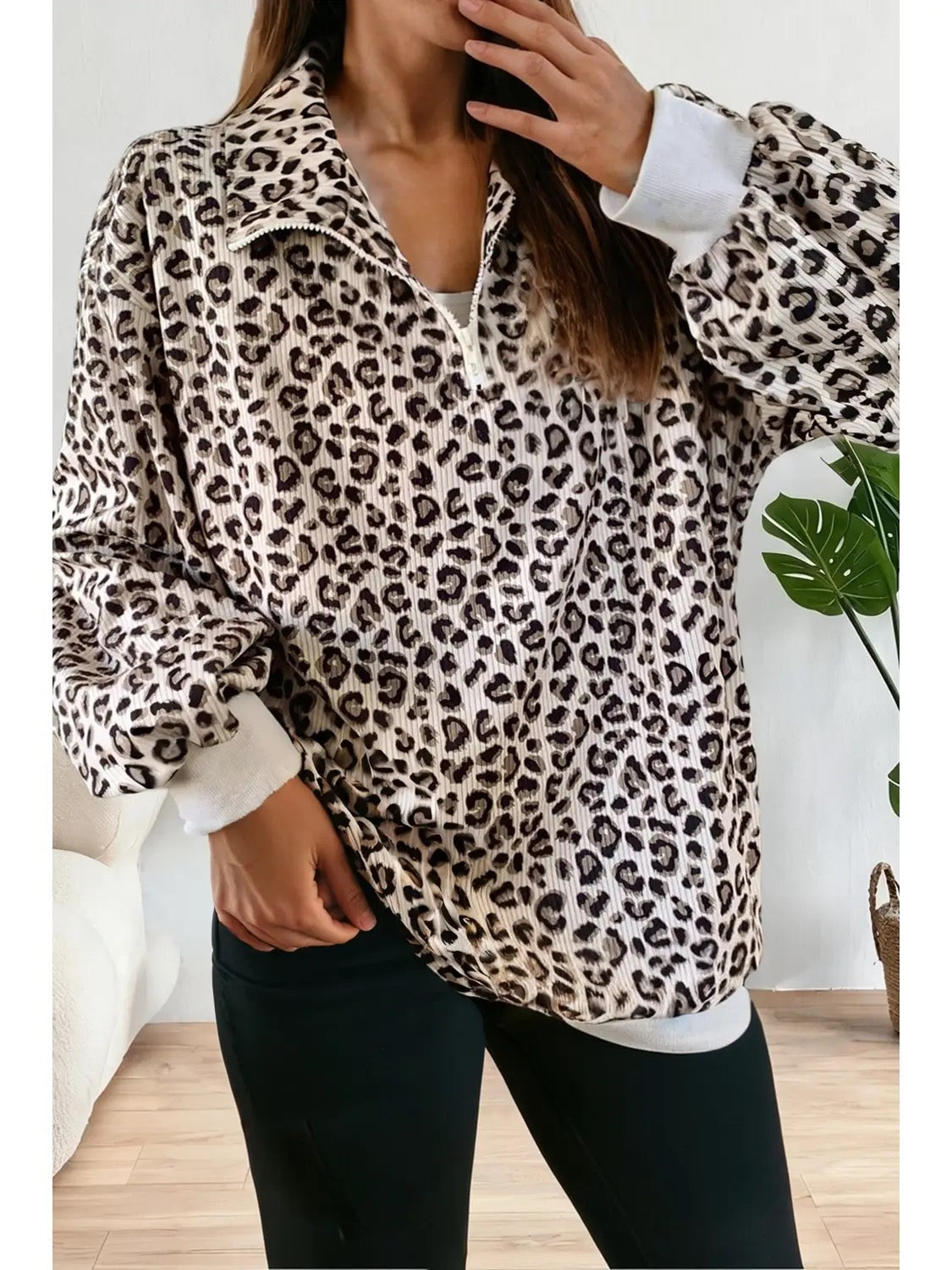 Corduroy Leopard Print Quarter Zip Sweatshirt