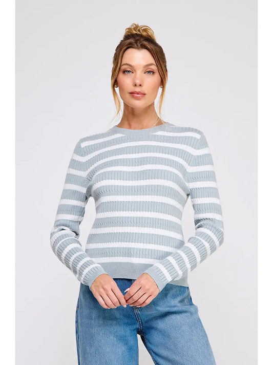 Fine Gauge Striped Tight Cable Knit Sweater