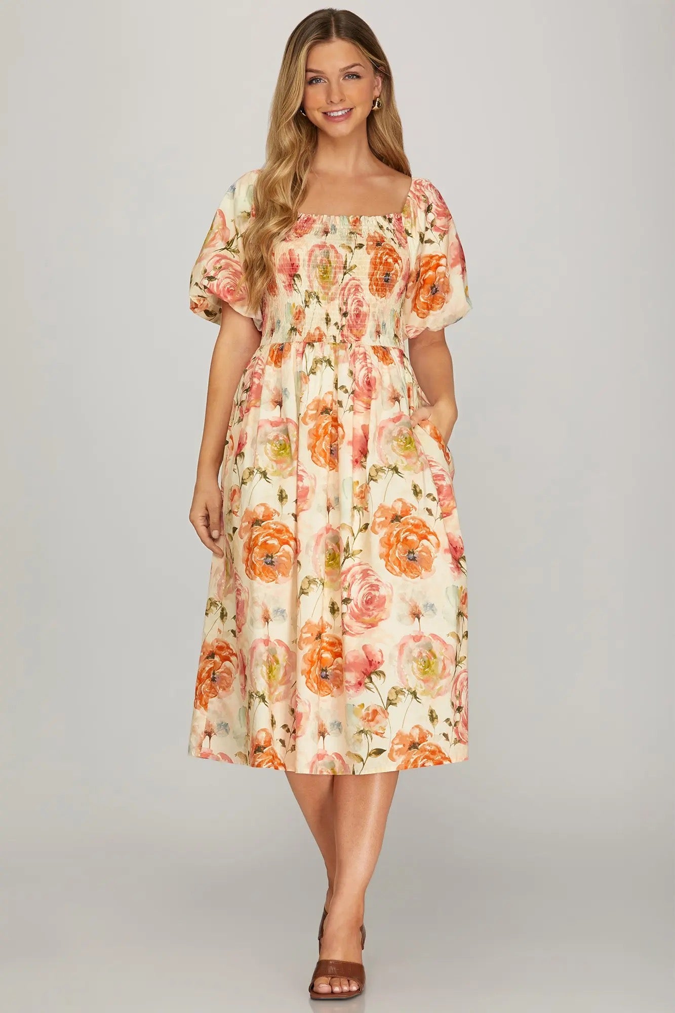 Puff Sleeve Floral Print Midi Dress