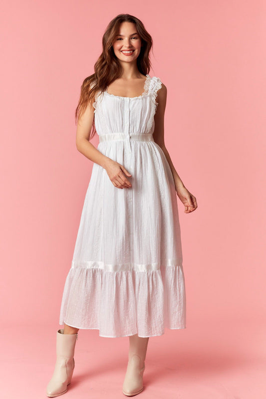 White Lace Sleeve Detail Button Up Maxi Dress