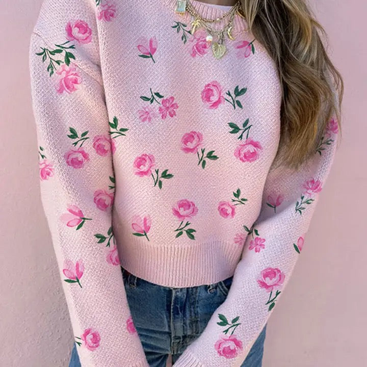 Pink Floral Print Drop Shoulder Long Sleeve Sweater