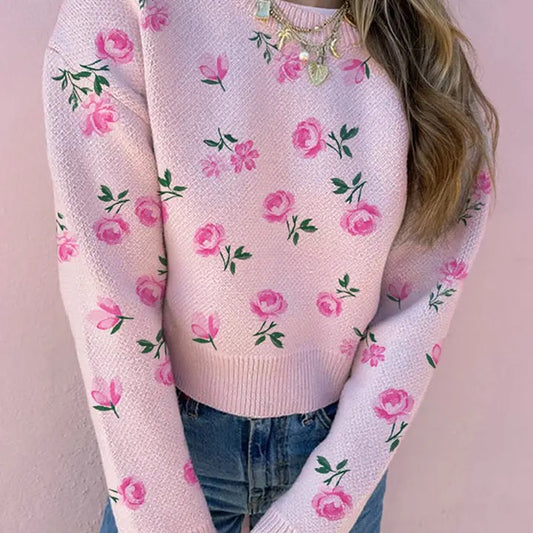 Pink Floral Print Drop Shoulder Long Sleeve Sweater