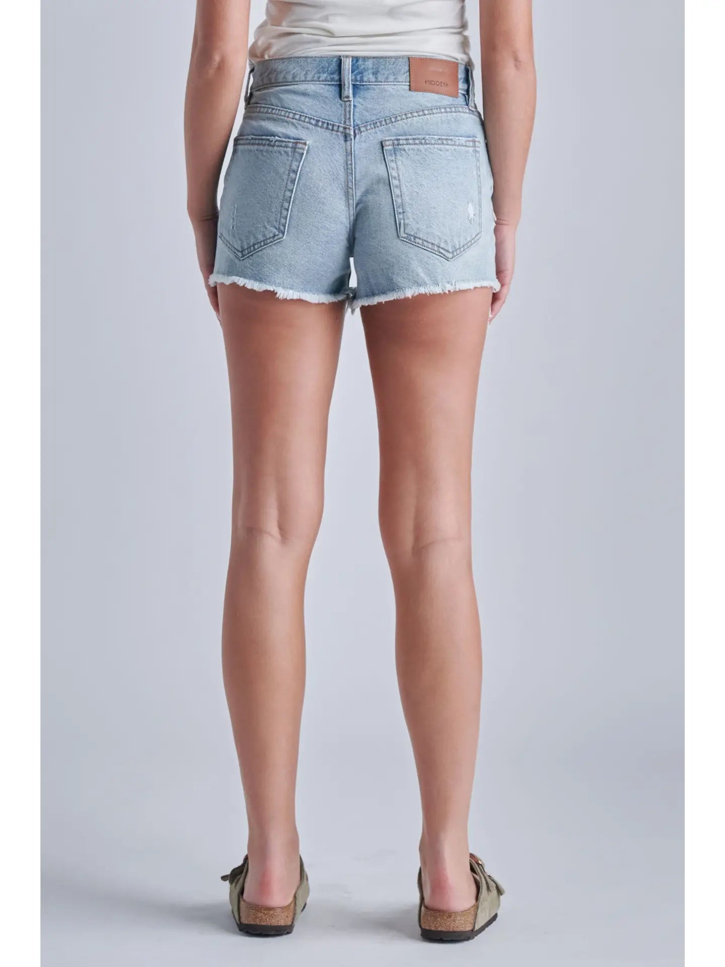 Hidden Light Wash Destroyed Mid Rise Shorts